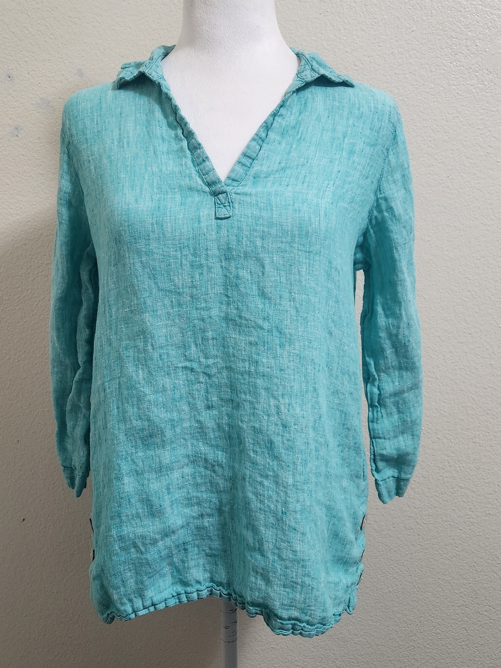 Tahari Women's Turquoise 100% Linen Tunic Top Small Collared Boho Beach Resort
